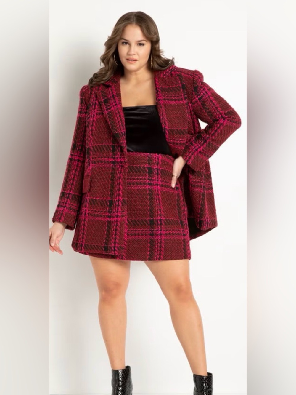 Eloquii Burgundy and Pink Plaid Bouclé blazer/fall jacket 20 NWT